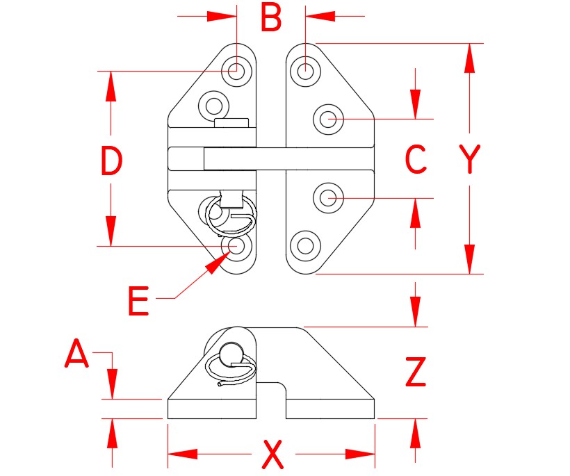 Stainless Steel Heavy Duty Hatch Hinge - Standard, S3824-0075, Line Drawing